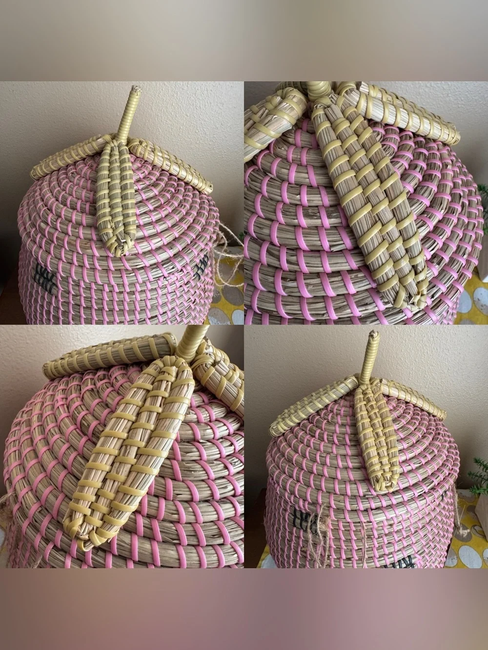 Large wicker coiled strawberry basket with lid